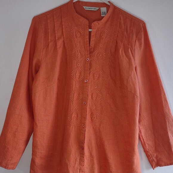 ecologie Embroidered Linen Blouse 3/4 Sleeve V-Neck Burnt Orange Size Medium - Picture 2 of 8